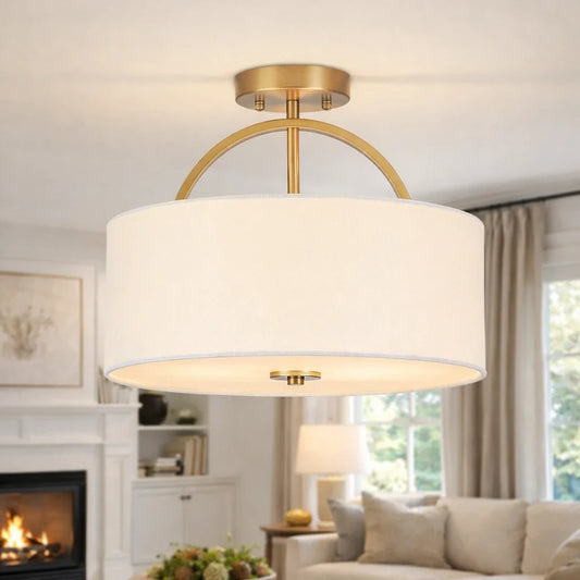 2-Light Scandinavian Linen Drum Semi Flush Mount Ceiling Light