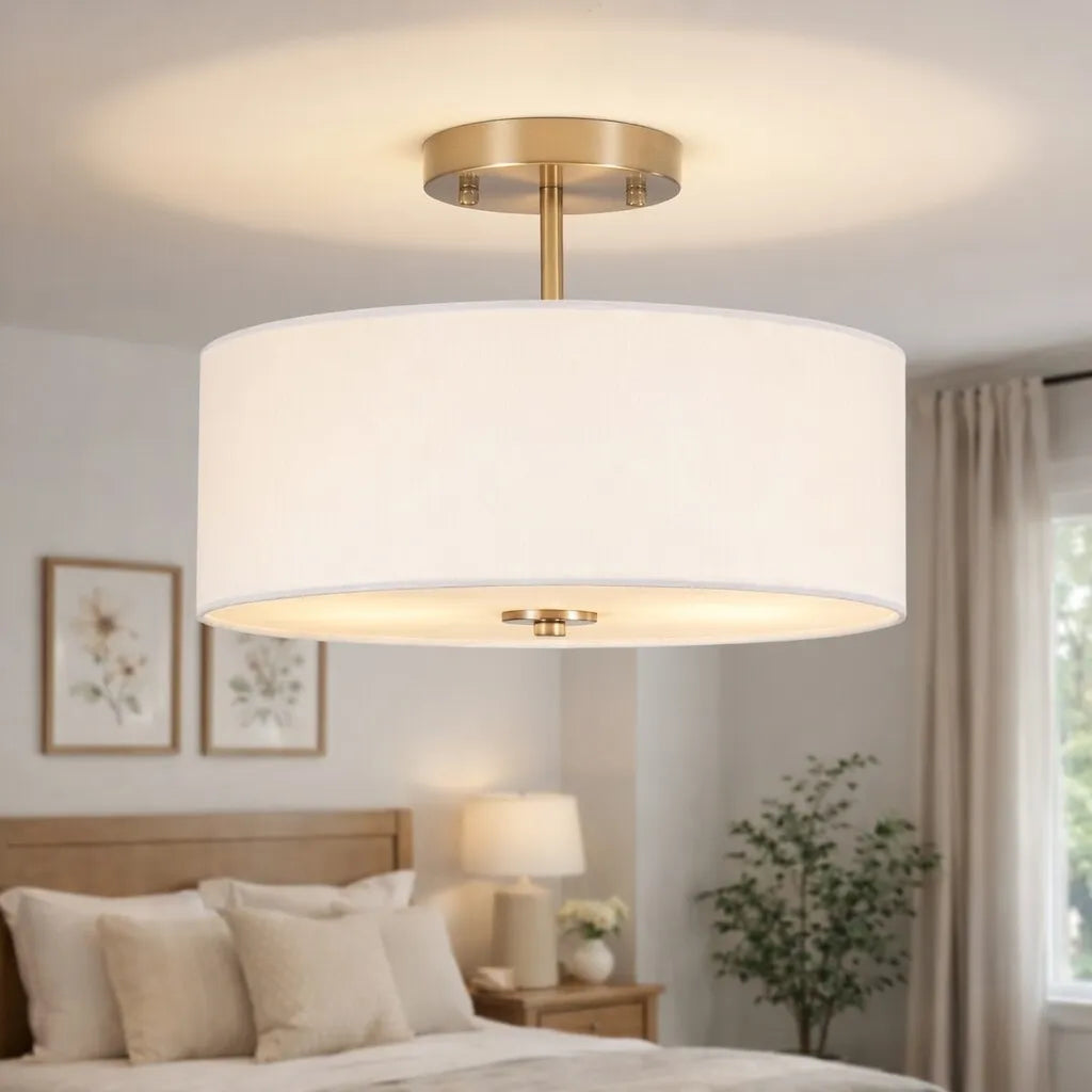 Yulia Scandinavian 2-Light Linen Drum Semi-Flush Ceiling Light