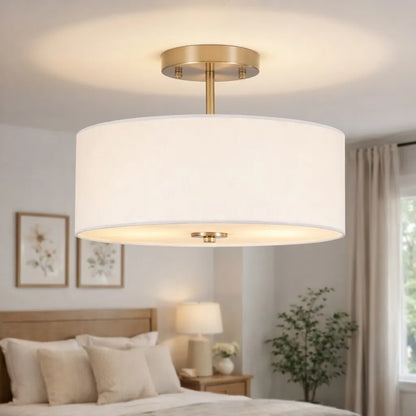 2-Light Scandinavian Linen Drum Semi Flush Mount Ceiling Light
