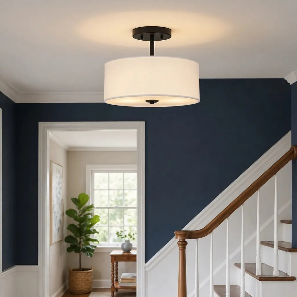Yulia Scandinavian 2-Light Linen Drum Semi-Flush Ceiling Light