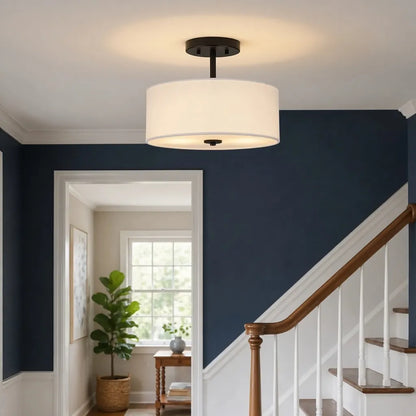 2-Light Scandinavian Linen Drum Semi Flush Mount Ceiling Light