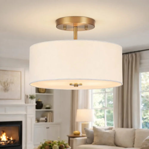 2-Light Scandinavian Linen Drum Semi Flush Mount Ceiling Light