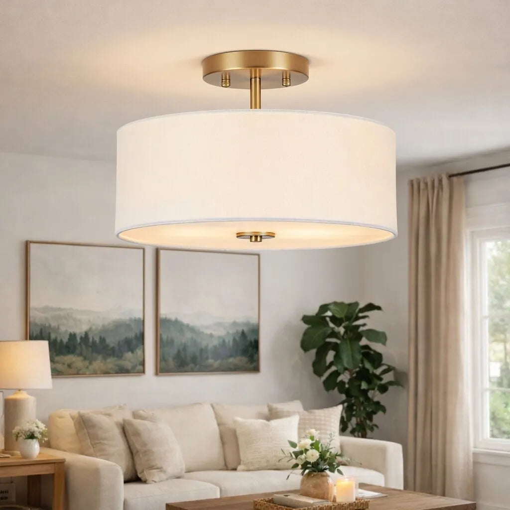 Yulia Scandinavian 2-Light Linen Drum Semi-Flush Ceiling Light