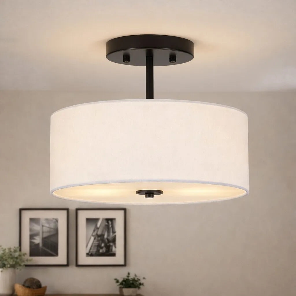 Yulia Scandinavian 2-Light Linen Drum Semi-Flush Ceiling Light