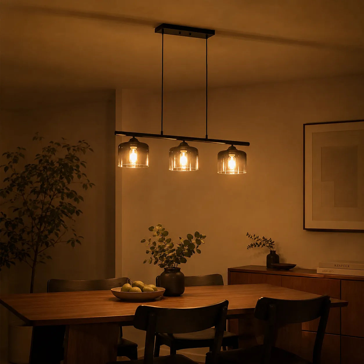 3-Light Linear Pendant Light with Smoked Glass Shades