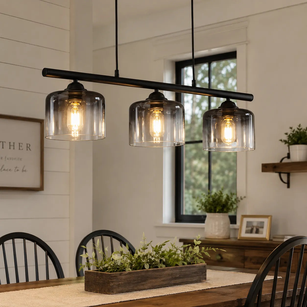 3-Light Linear Pendant Light with Smoked Glass Shades