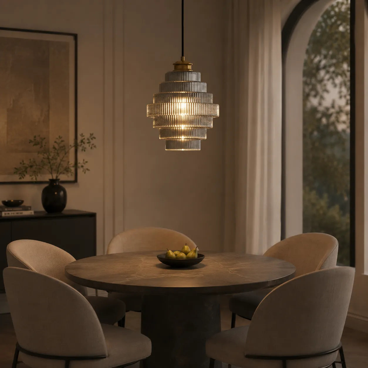 Antique Brass Striped Glass Pendant Light