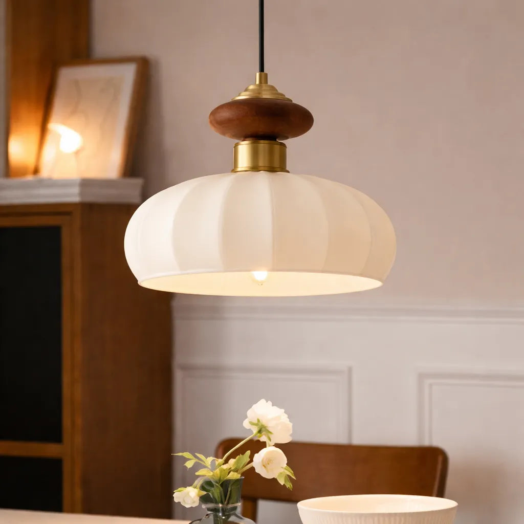 Arbor Contemporary Ribbed Glass & Wood Pendant Light