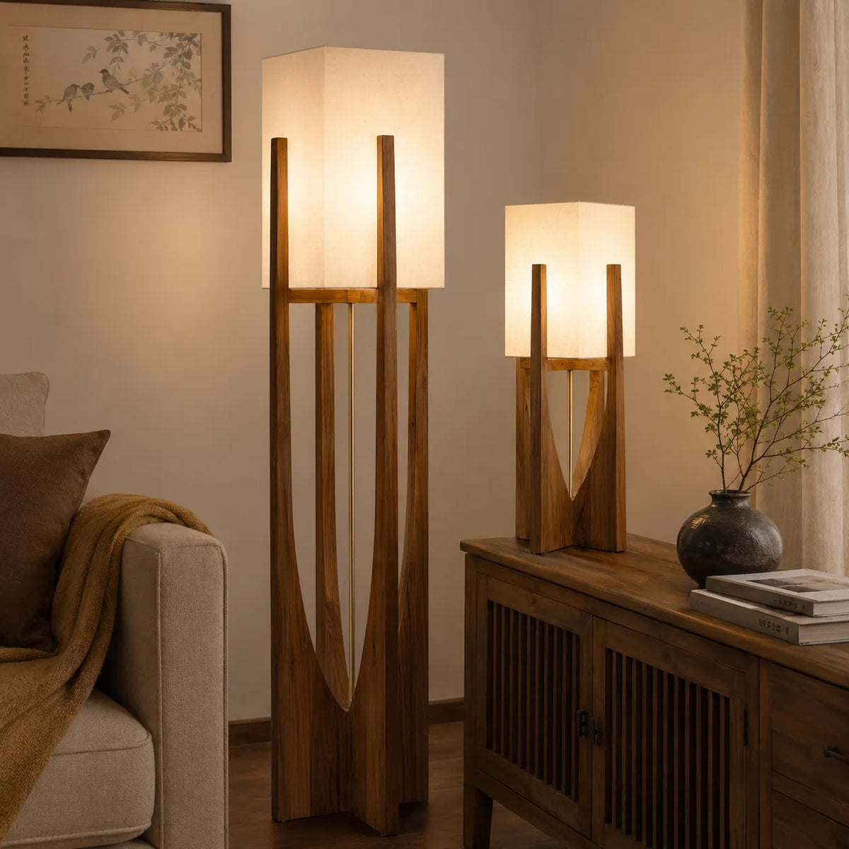 Della Contemporary Ash Wood & Fabric Floor Lamp