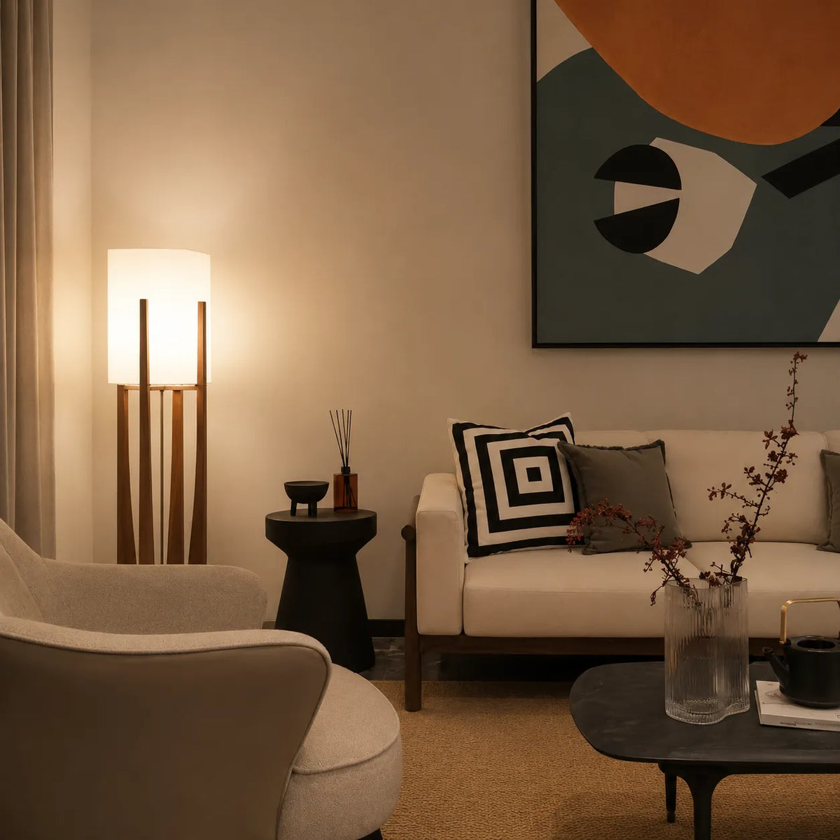 Della Contemporary Ash Wood & Fabric Floor Lamp