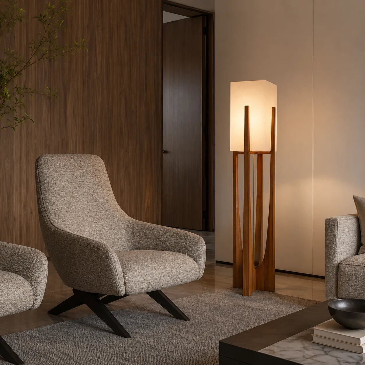 Della Contemporary Ash Wood & Fabric Floor Lamp