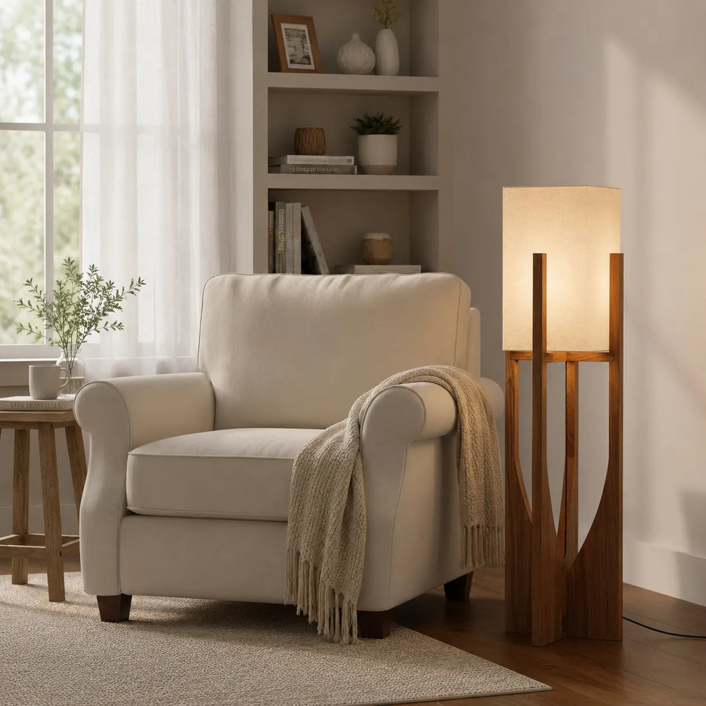 Della Contemporary Ash Wood & Fabric Floor Lamp