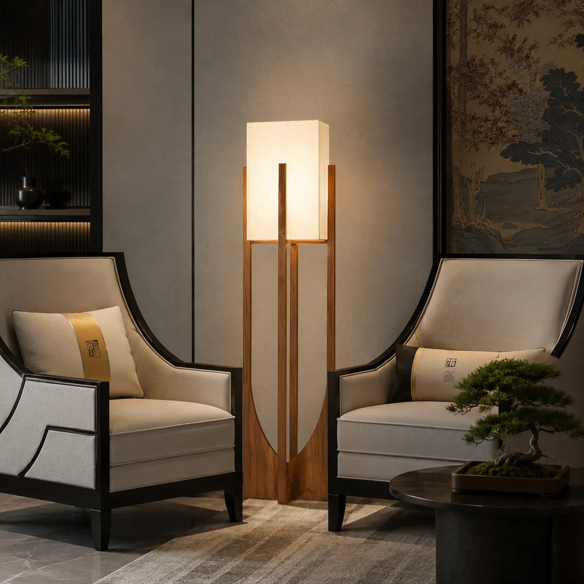 Della Contemporary Ash Wood & Fabric Floor Lamp