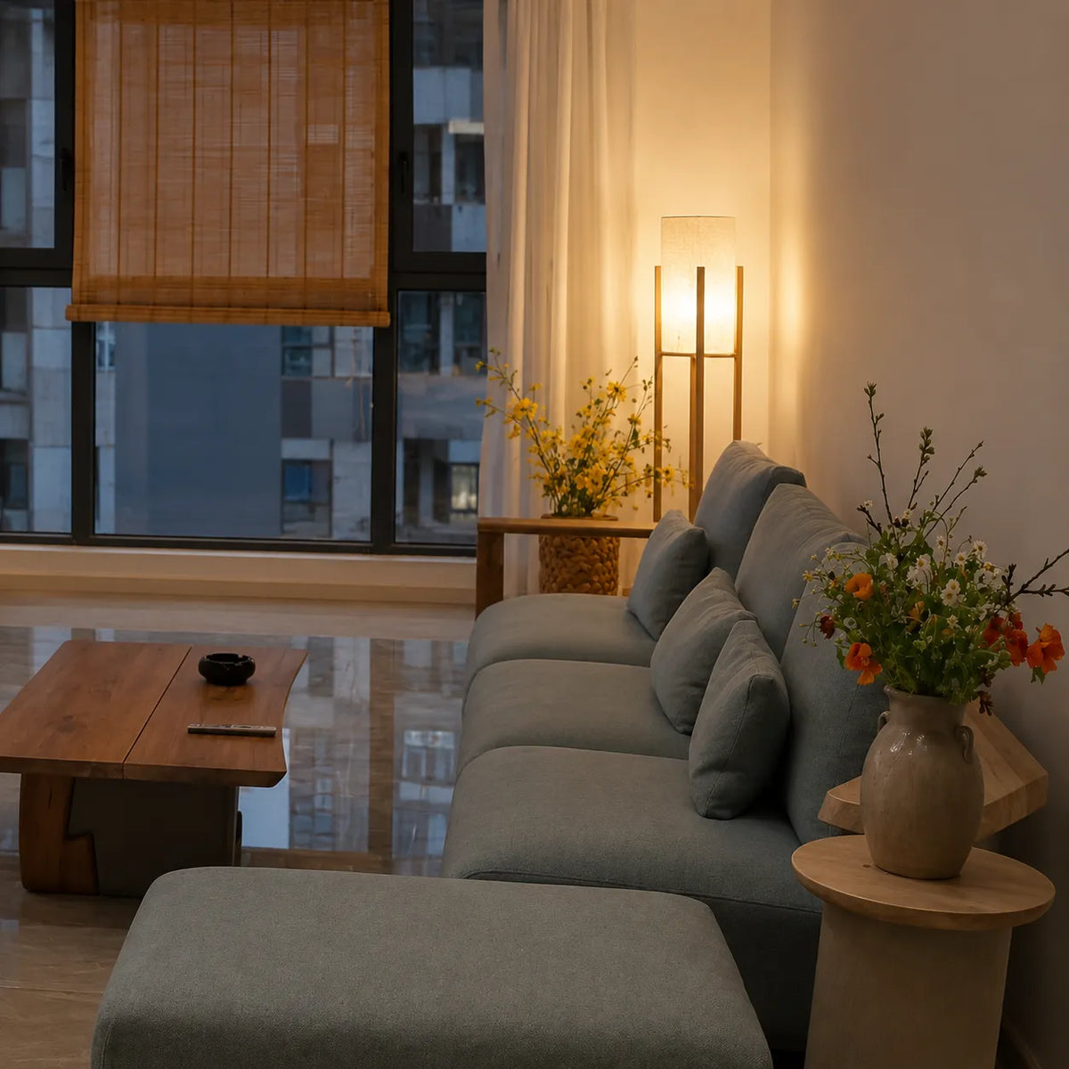 Della Contemporary Ash Wood & Fabric Floor Lamp