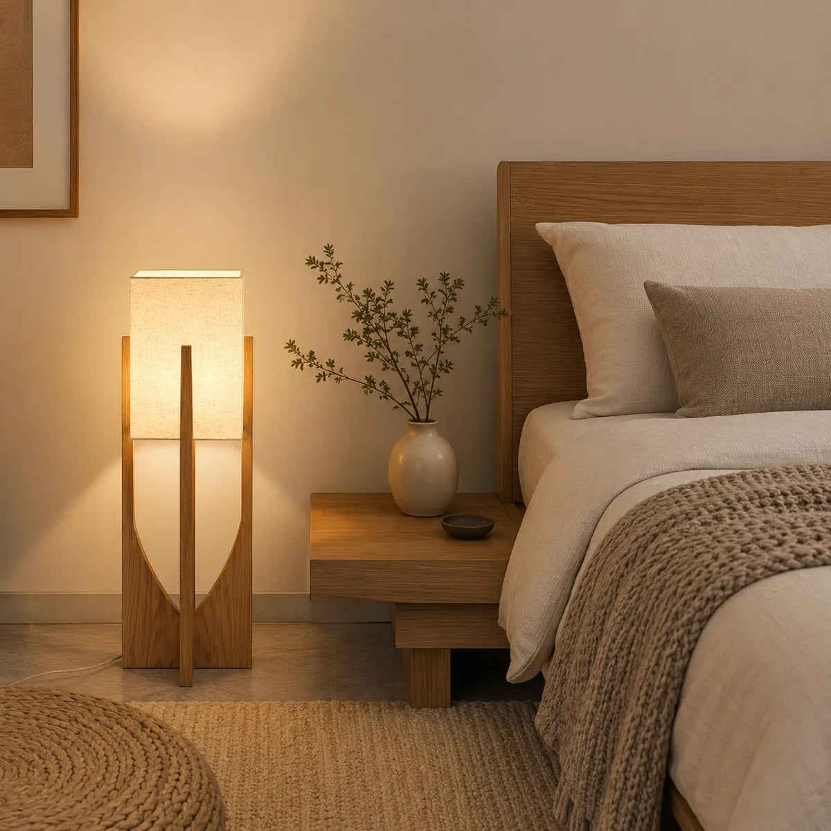 Della Contemporary Ash Wood & Fabric Floor Lamp