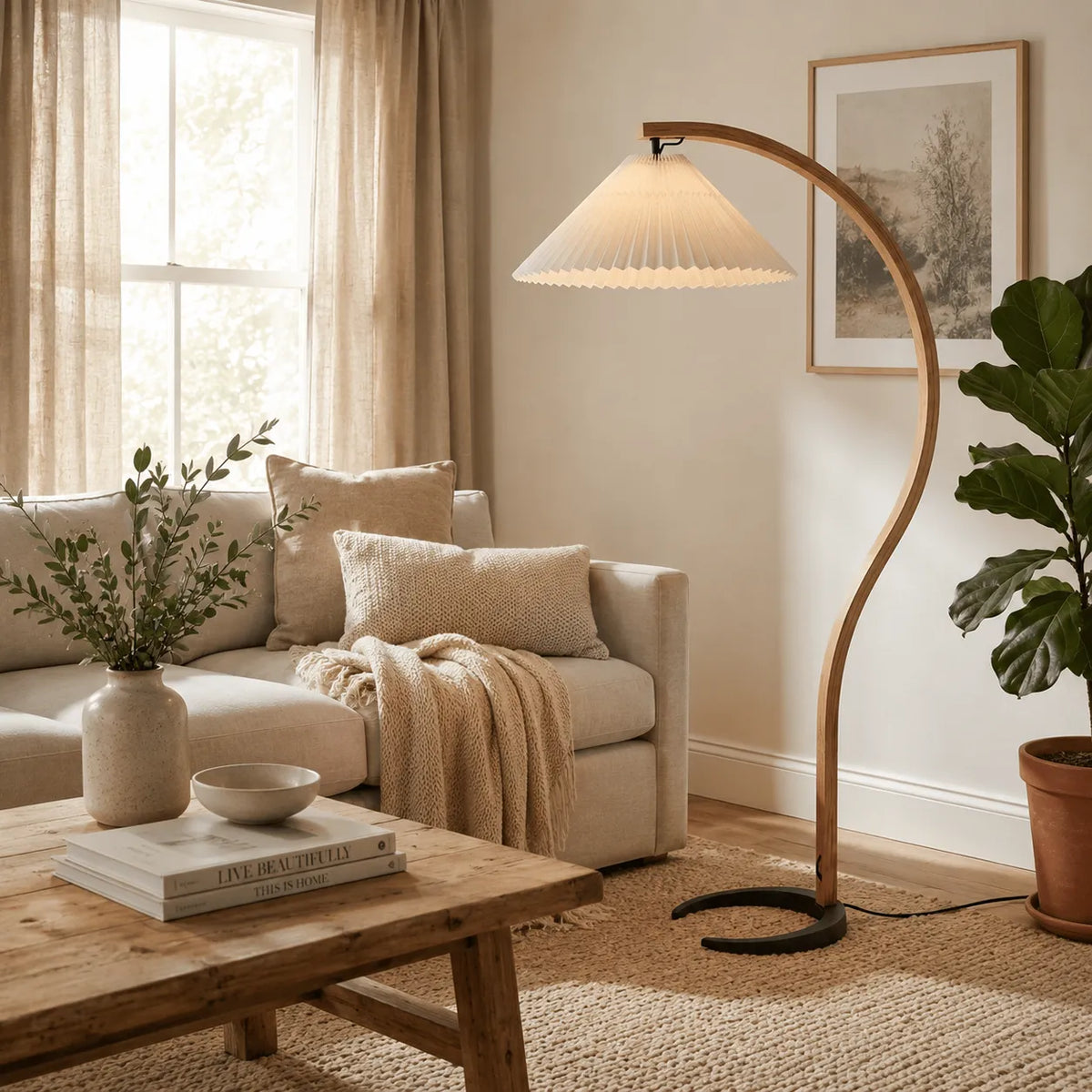 Tomas Natural Beech Wood & Linen Floor Lamp