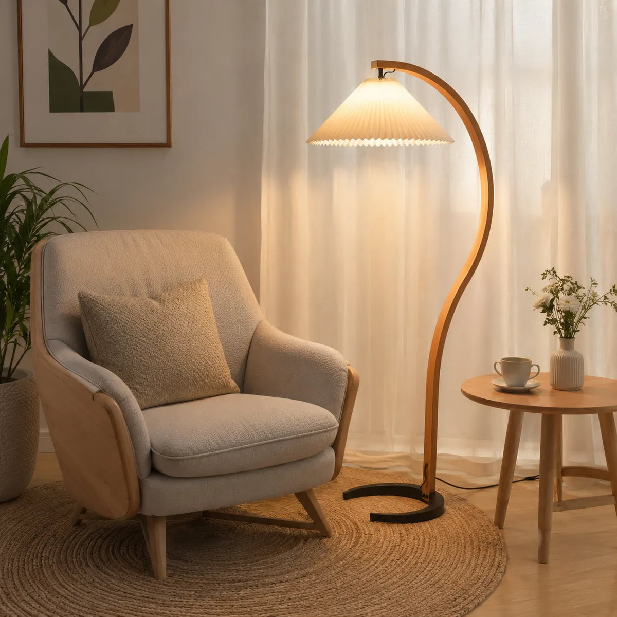 Tomas Natural Beech Wood & Linen Floor Lamp