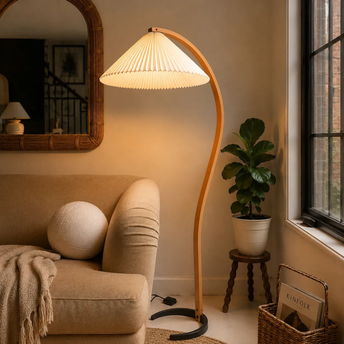 Tomas Natural Beech Wood & Linen Floor Lamp