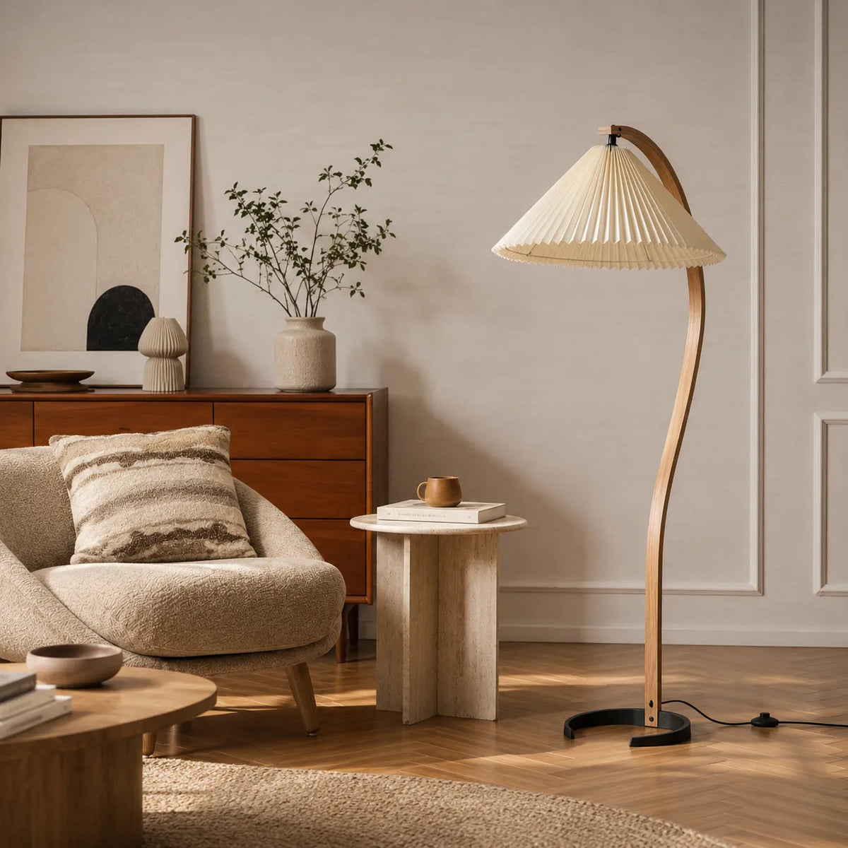 Tomas Natural Beech Wood & Linen Floor Lamp
