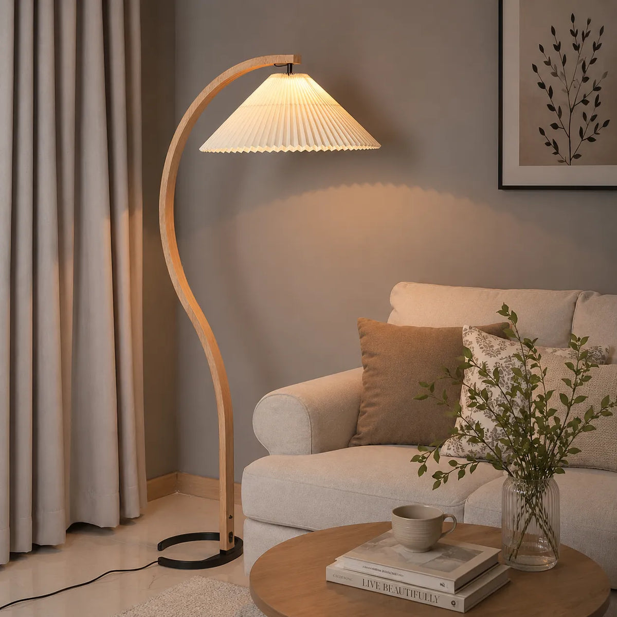 Tomas Natural Beech Wood & Linen Floor Lamp