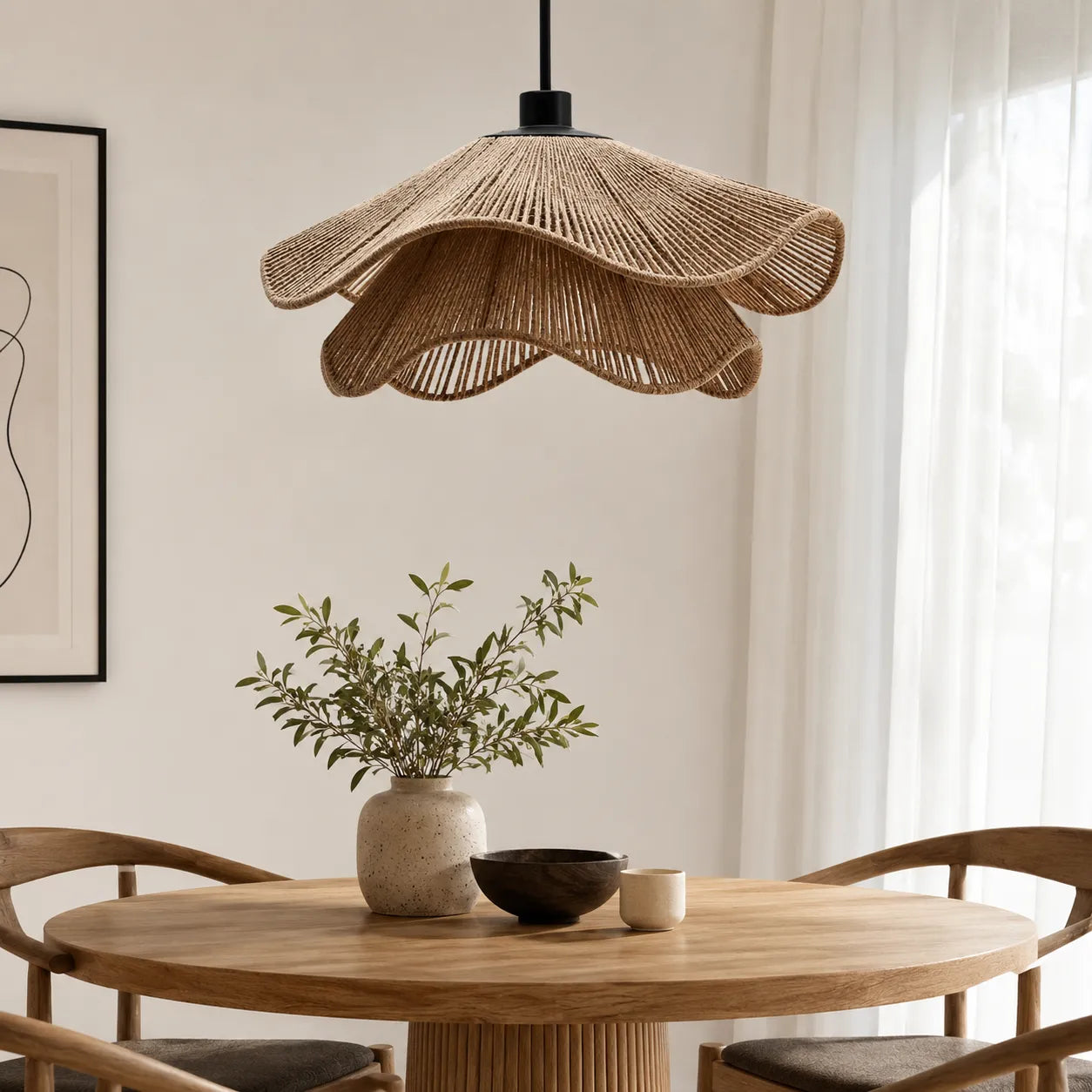 Boho Jute Pendant Light with Flower-Inspired Form