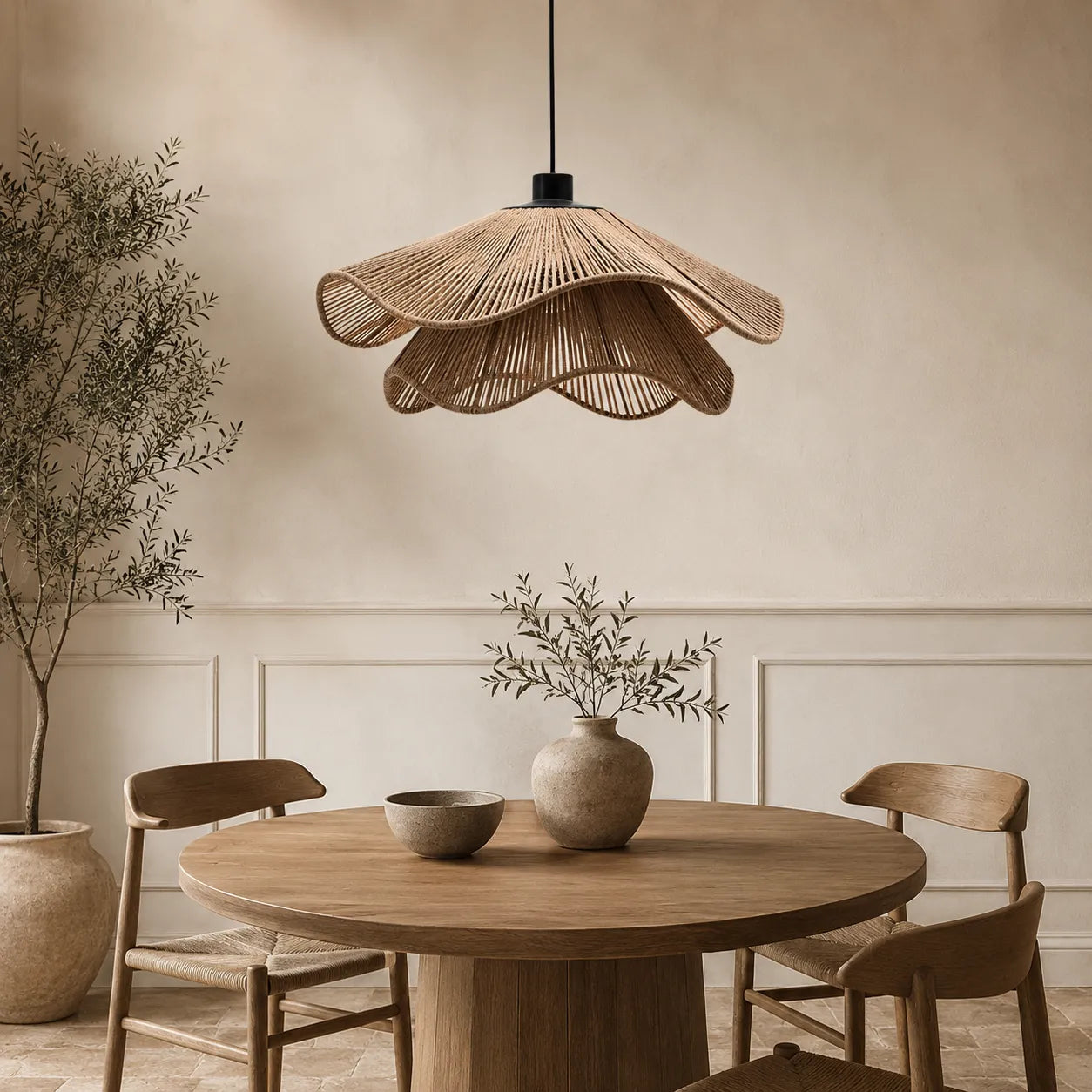 Boho Jute Pendant Light with Flower-Inspired Form