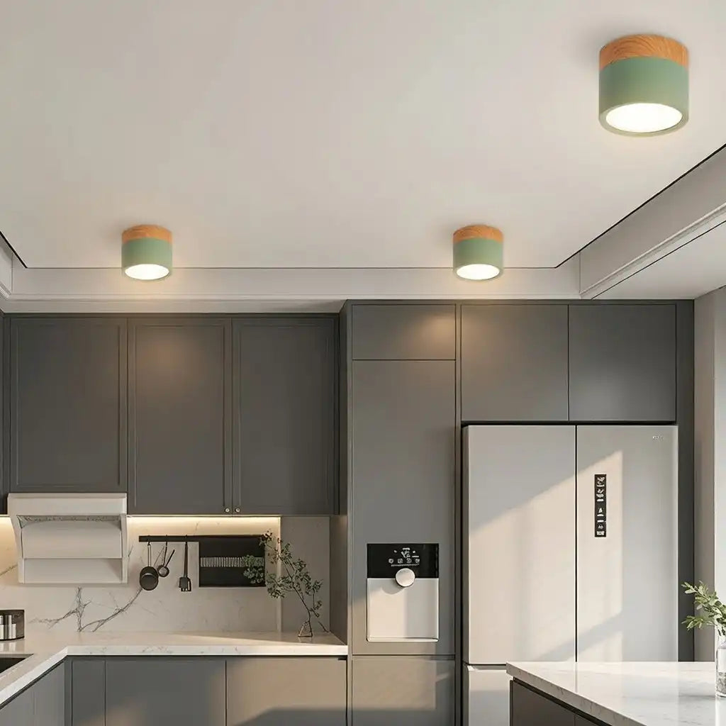 Button Japandi Wood Accent Mini LED Flush Mount Ceiling Light