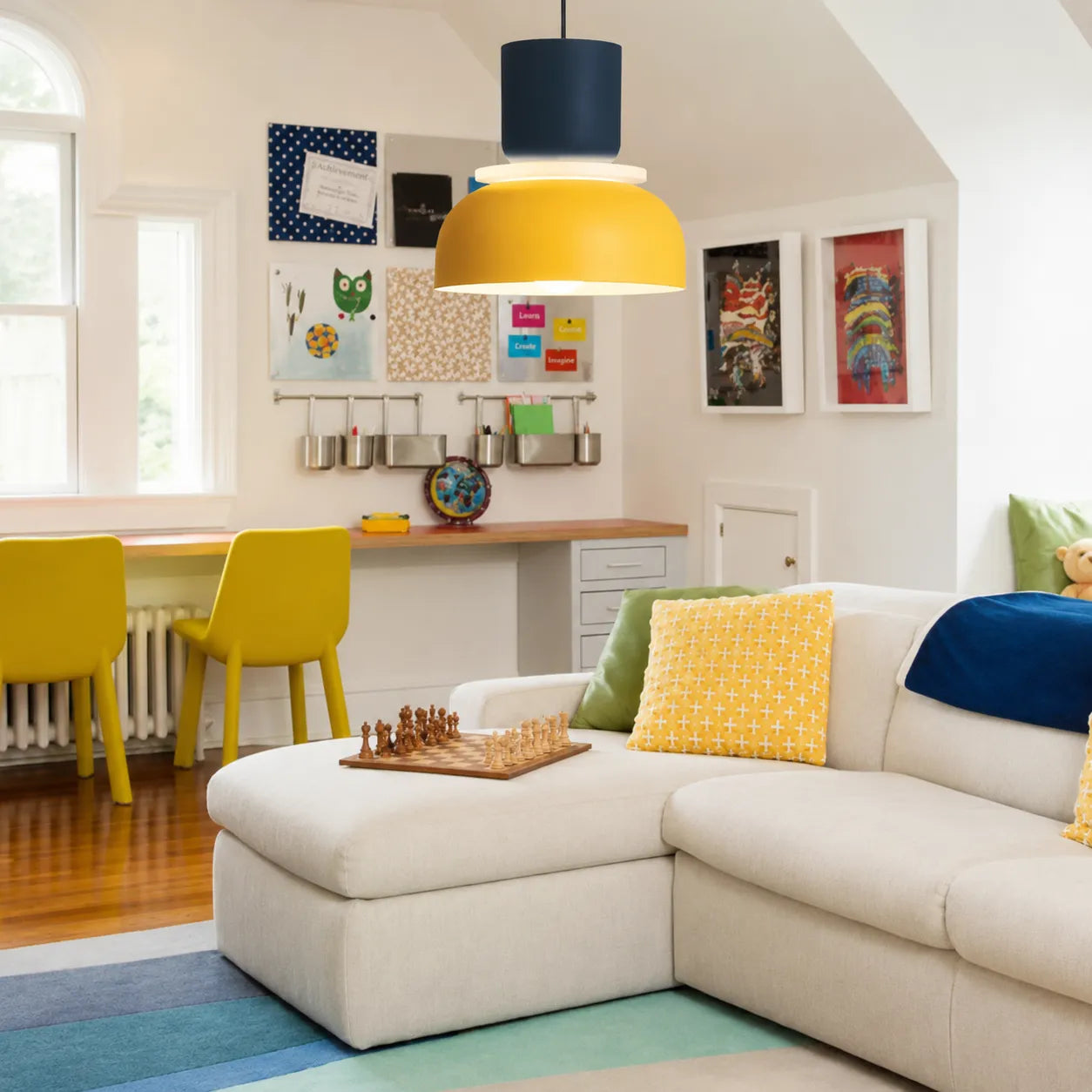 Colorful Bowl Pendant Light with Minimal Form