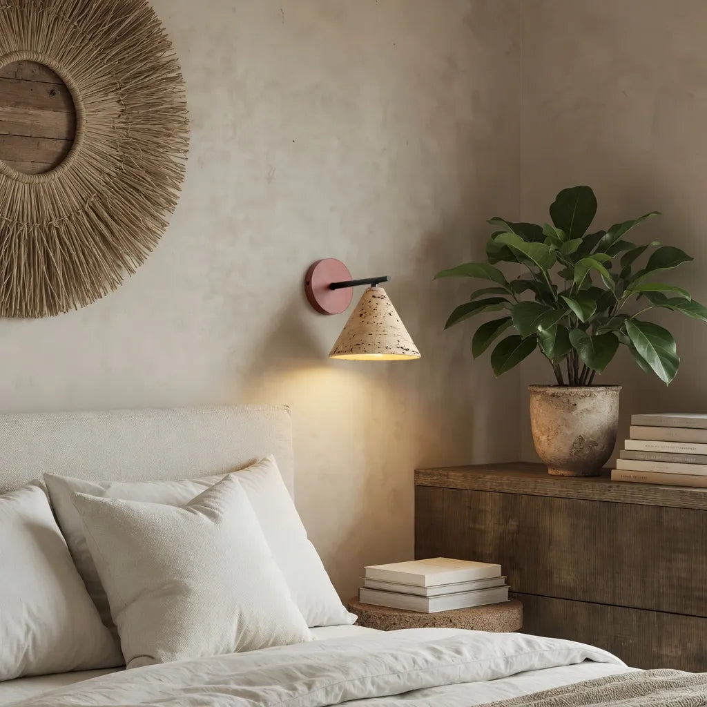 Indigo Minimalist Travertine & Wood Cone Wall Light