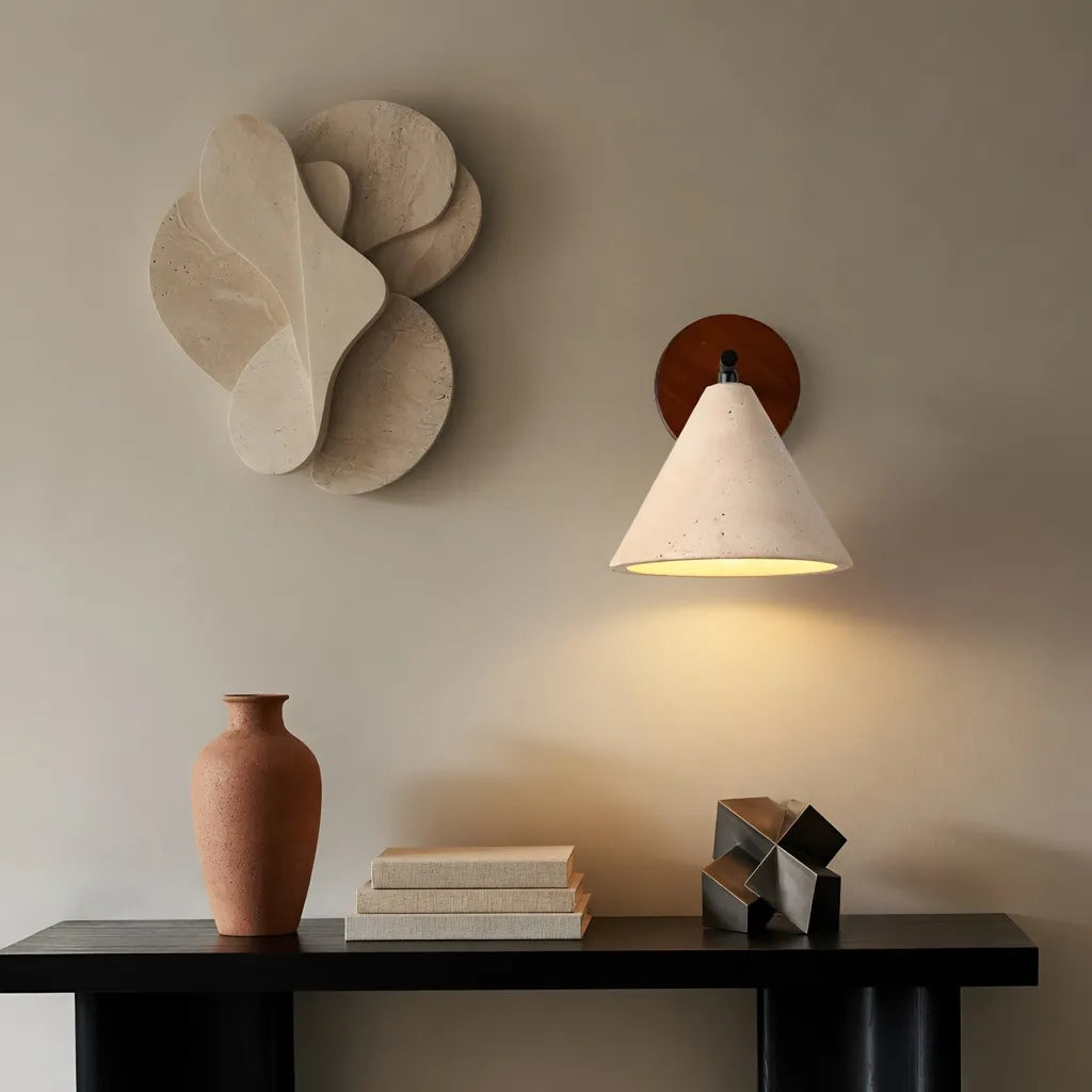 Indigo Minimalist Travertine & Wood Cone Wall Light