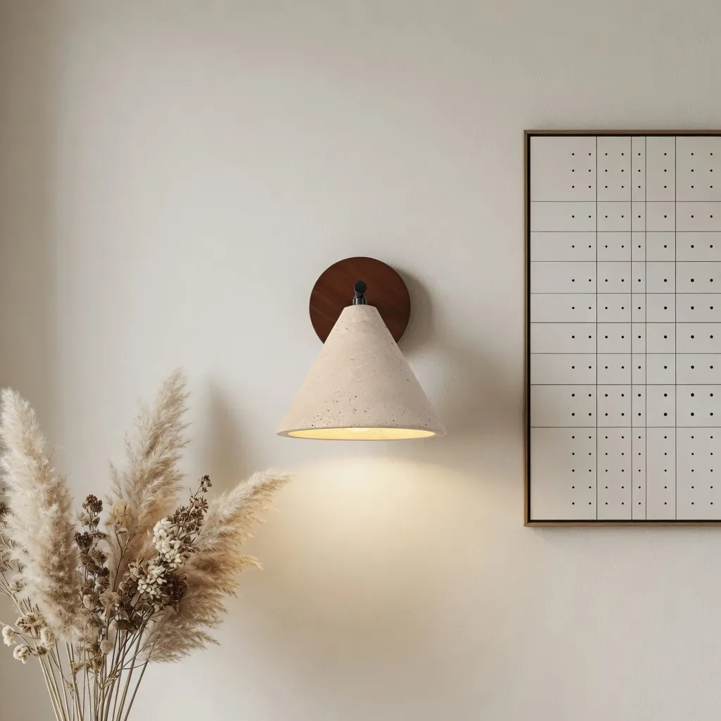 Indigo Minimalist Travertine & Wood Cone Wall Light