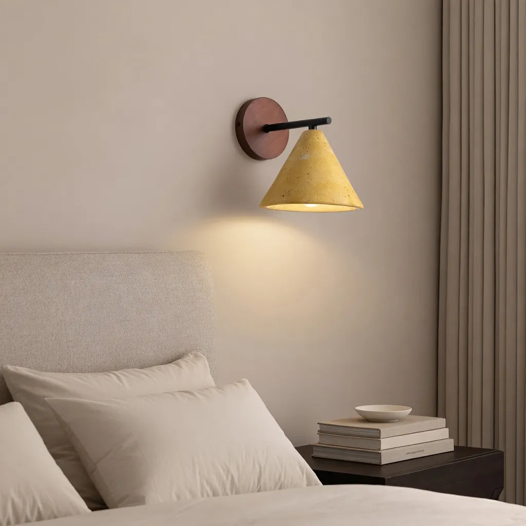 Indigo Minimalist Travertine & Wood Cone Wall Light