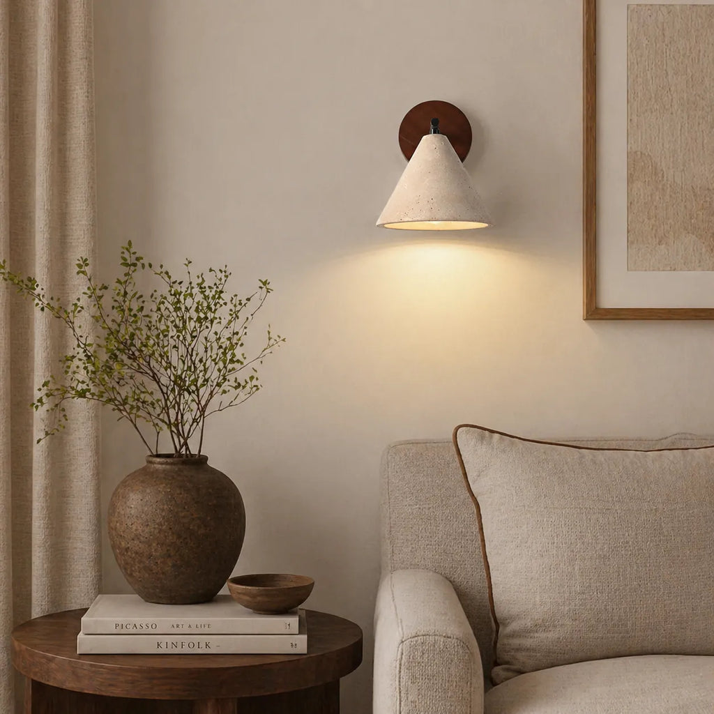 Indigo Minimalist Travertine & Wood Cone Wall Light