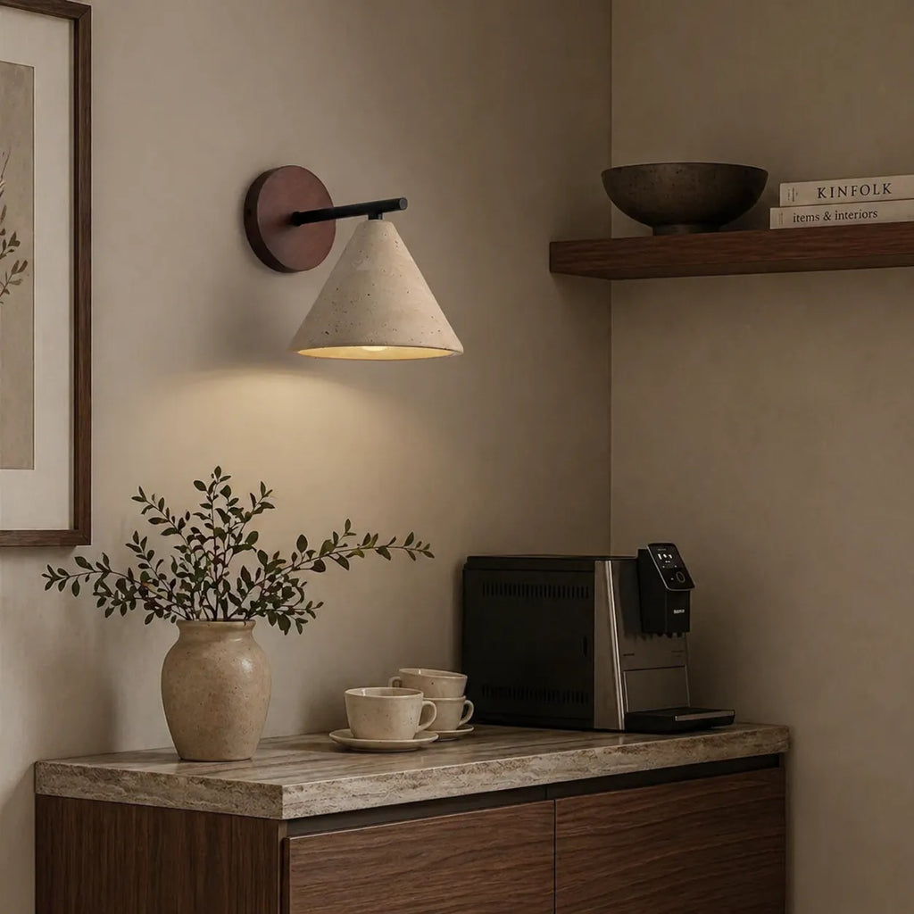 Indigo Minimalist Travertine & Wood Cone Wall Light