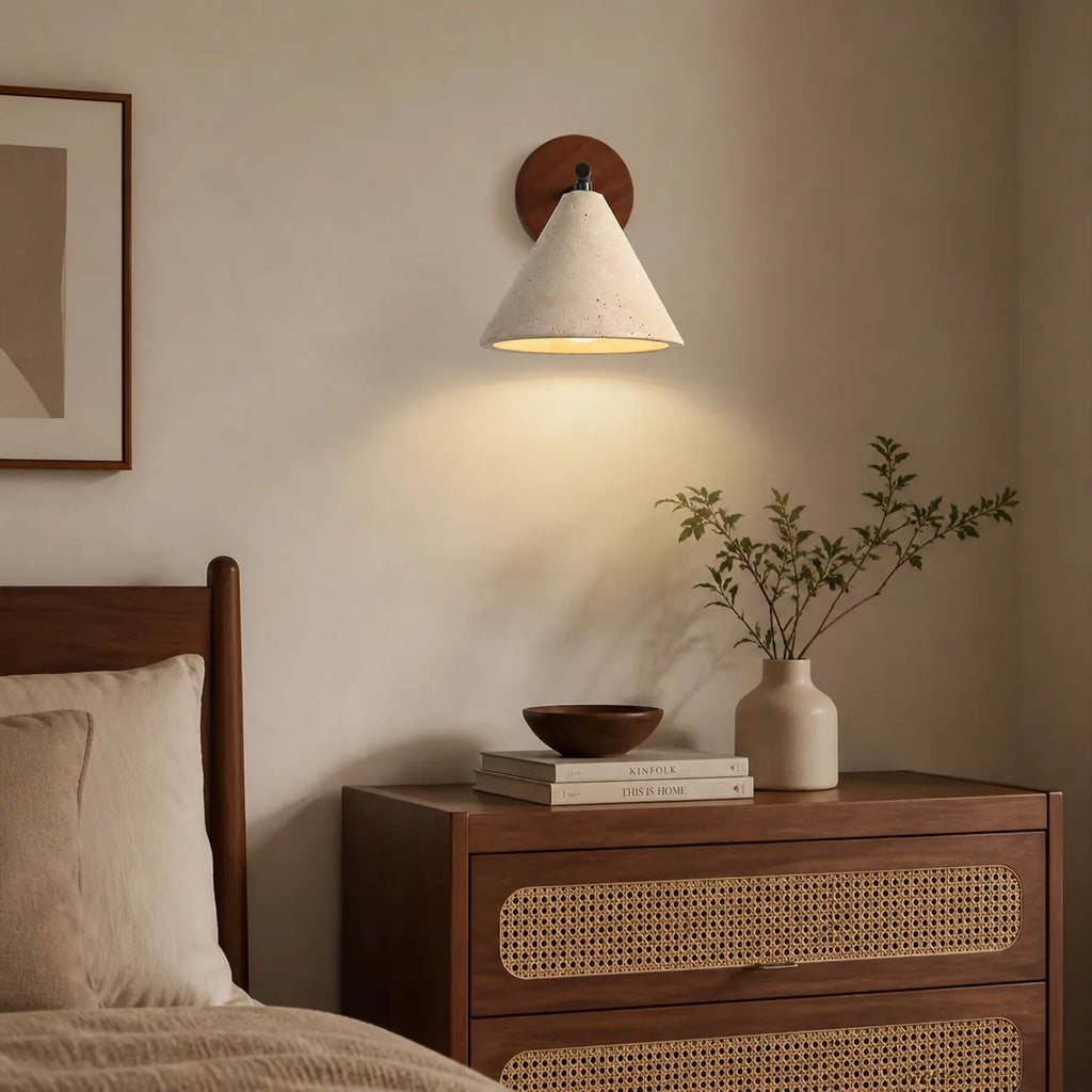 Indigo Minimalist Travertine & Wood Cone Wall Light