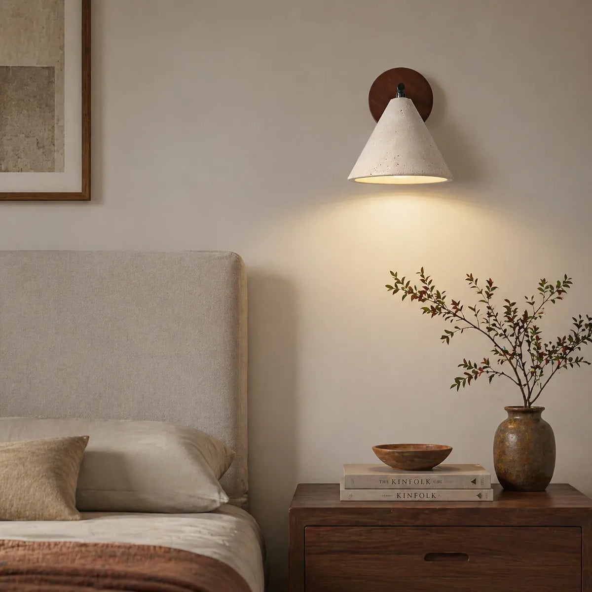 Indigo Minimalist Travertine & Wood Cone Wall Light