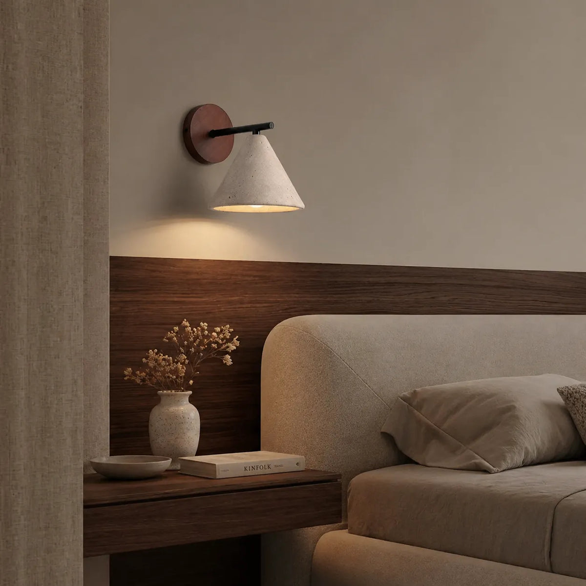 Indigo Minimalist Travertine & Wood Cone Wall Light