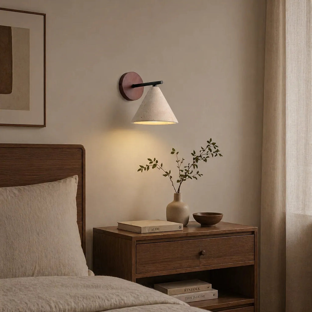 Indigo Minimalist Travertine & Wood Cone Wall Light