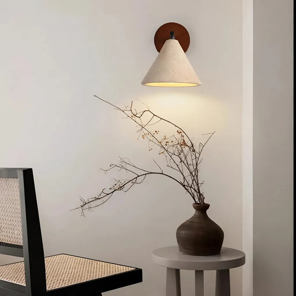 Indigo Minimalist Travertine & Wood Cone Wall Light