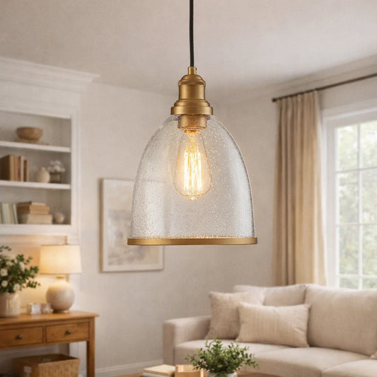 Contemporary 1-Light Dome Shape Seeded Glass Pendant For Dining Table