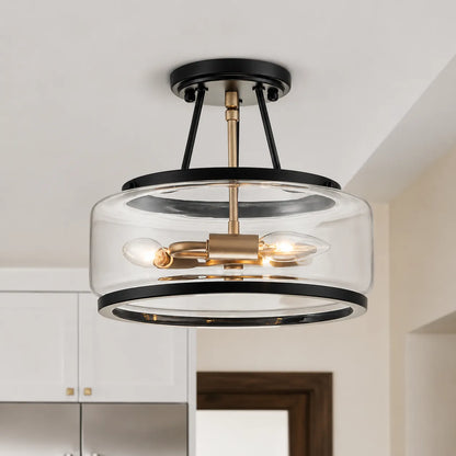 Contemporary 3-Light Clear Glass Drum Semi-Flush Mount