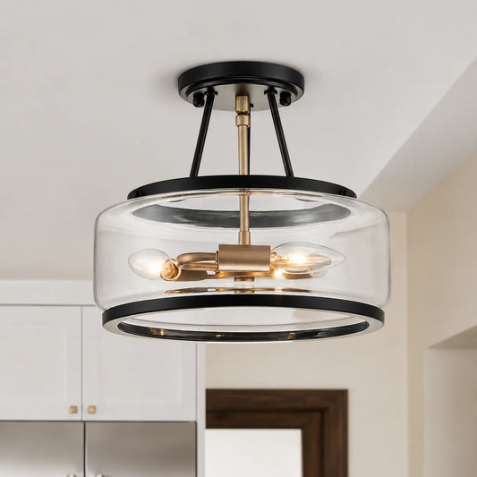 Contemporary 3-Light Clear Glass Drum Semi-Flush Mount