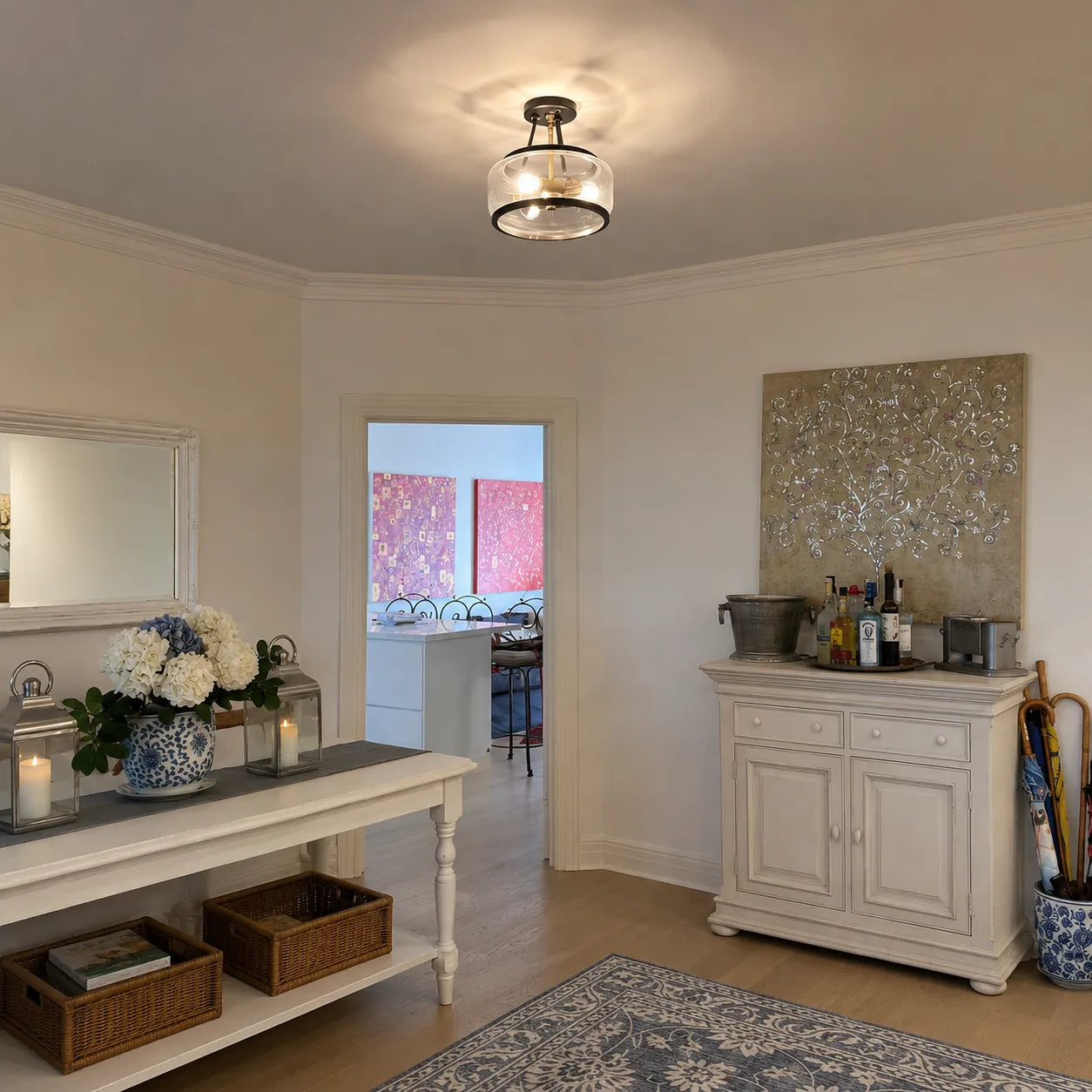 Contemporary 3-Light Clear Glass Drum Semi-Flush Mount