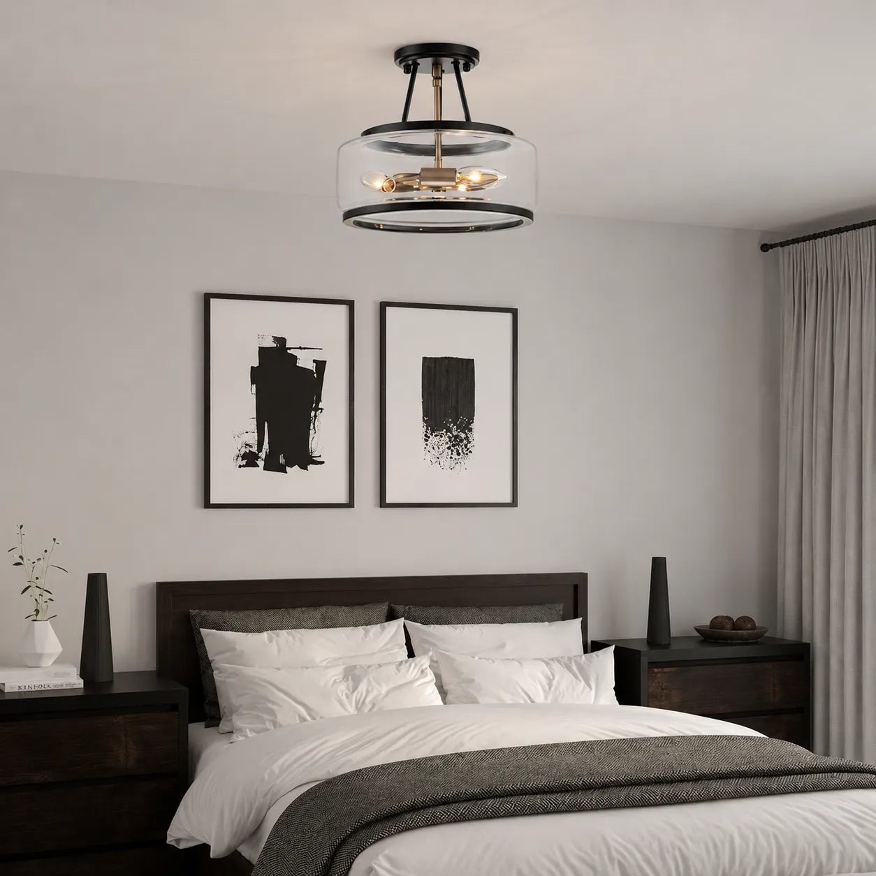 Contemporary 3-Light Clear Glass Drum Semi-Flush Mount