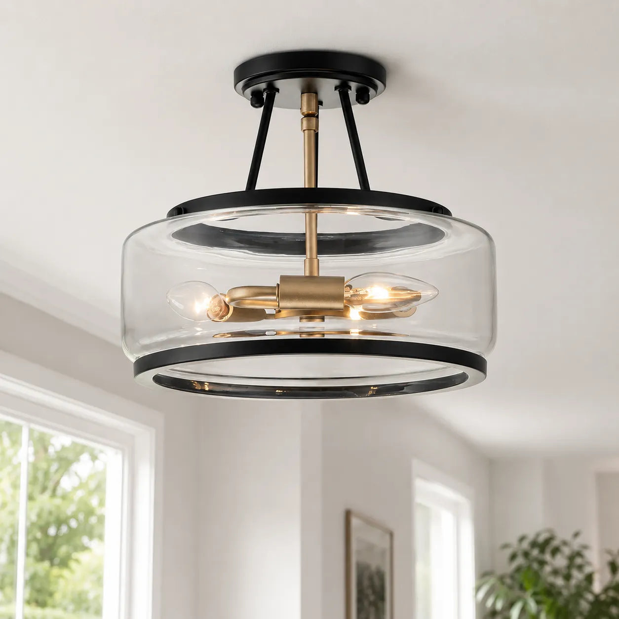 Contemporary 3-Light Clear Glass Drum Semi-Flush Mount