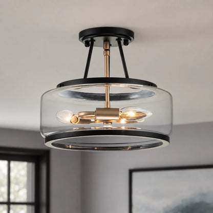 Contemporary 3-Light Clear Glass Drum Semi-Flush Mount