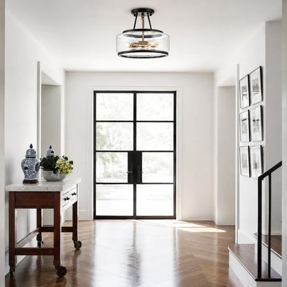 Contemporary 3-Light Clear Glass Drum Semi-Flush Mount