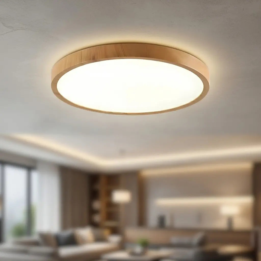 Ethos Minimalist Wood-Grain Slim LED Flush Mount Ceiling Light