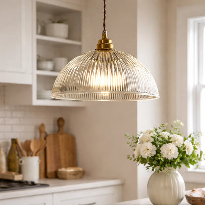 Farmhouse Industrial Ribbed Glass Dome Pendant Light