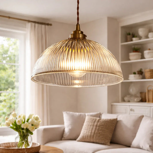 Farmhouse Industrial Ribbed Glass Dome Pendant Light